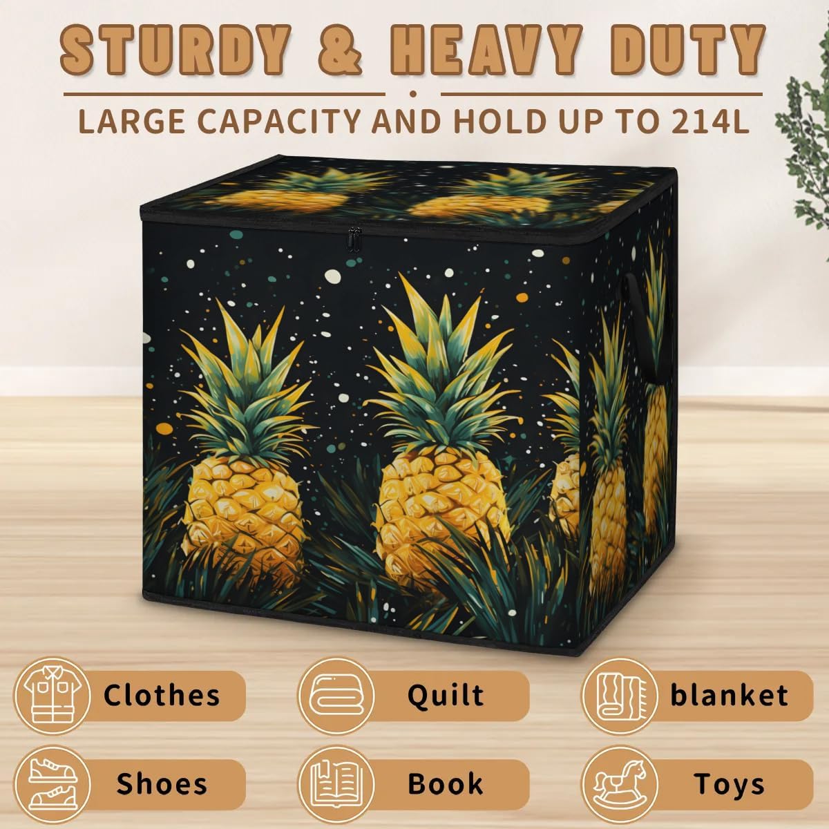 Honeybaby 214L Extra Large Comforter Storage Bag Summer Pineapple Fruit Storage Totes with Lids Waterproof Closet Organizer Folding Blanket Storage Bags for Clothes Bedding Pillows