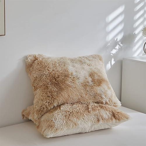 Miniatura 7 de Wajade Juego de edredón de pelo sintético de color camello teñido anudado, juego de ropa de cama mullido y peludo, juego de edredón de microfibra