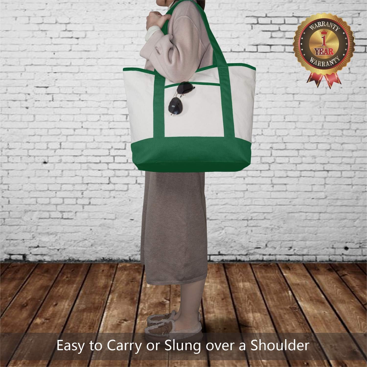 TOPDesign Stylish Canvas Tote Bag with External & Internal Pockets, Open Top, Daily Essentials (Green/Natural)