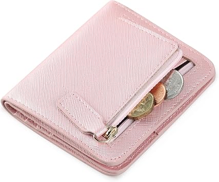 MANBANG Womens Rfid Blocking Small Compact Bifold Luxury Genuine Leather Pocket Wallet Ladies Mini Purse with ID Window Pink