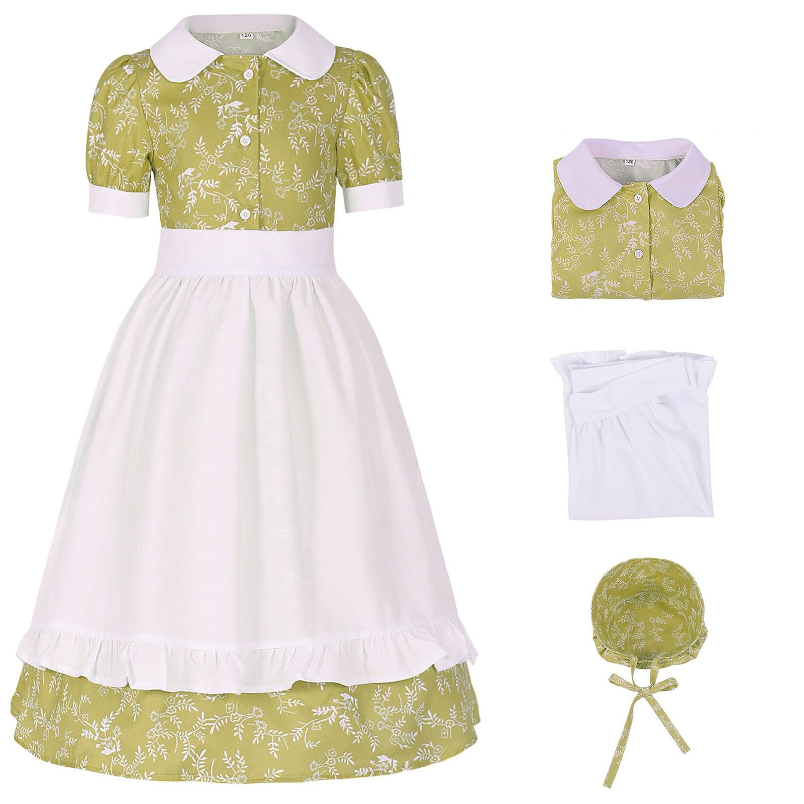 Vestido de niña Estilo jardín con Estampado Floral, Delantal, Sombrero, Traje, Falda Larga, Punto piqué, Suave y Bordado, Ideal para Uso Diario, Primavera Casual/g