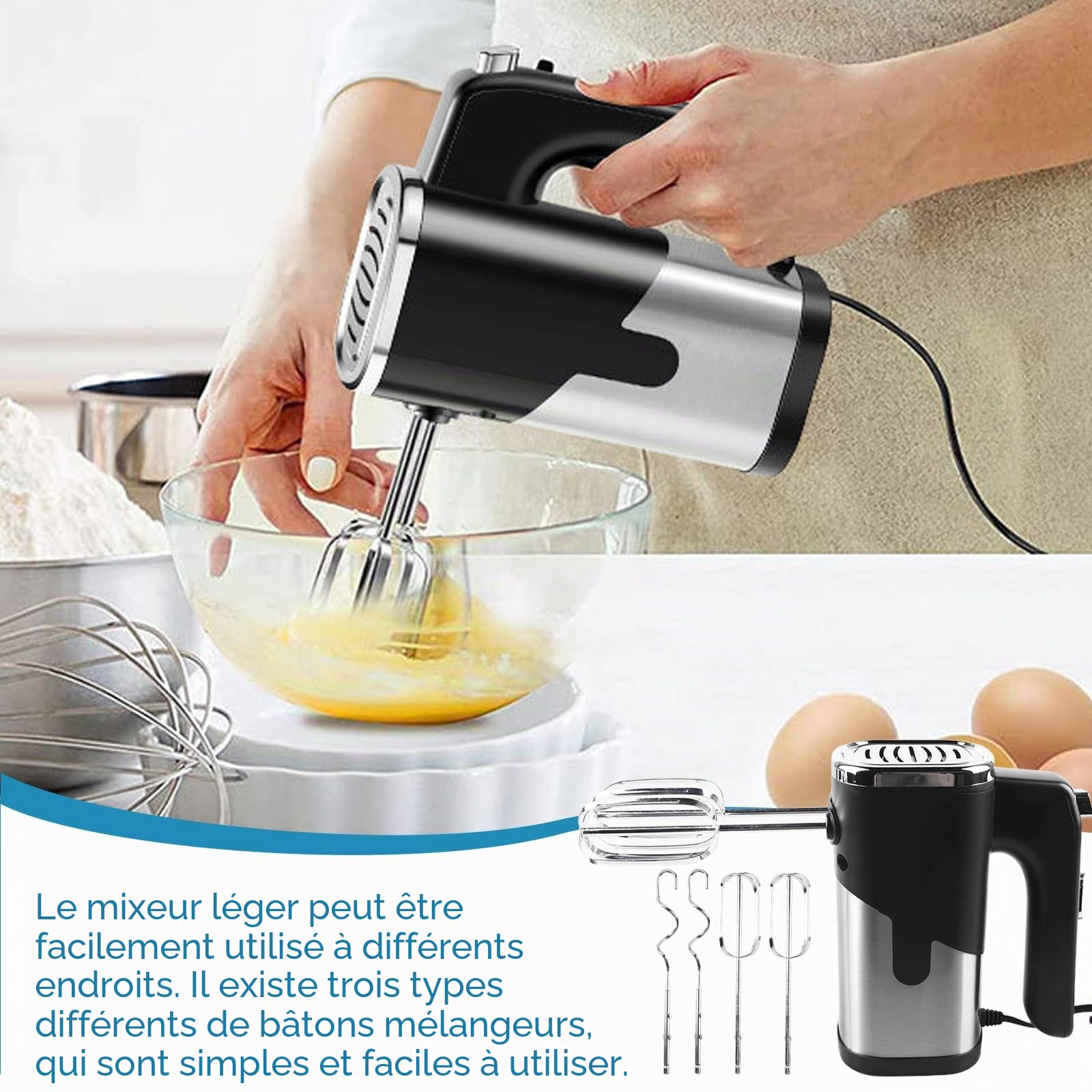 Batteur à main, 800 W, 7 vitesses, batteur électrique, avec 4 accessoires en acier inoxydable, pétrisseur à main, batteur à main, batteur de cuisine, noir