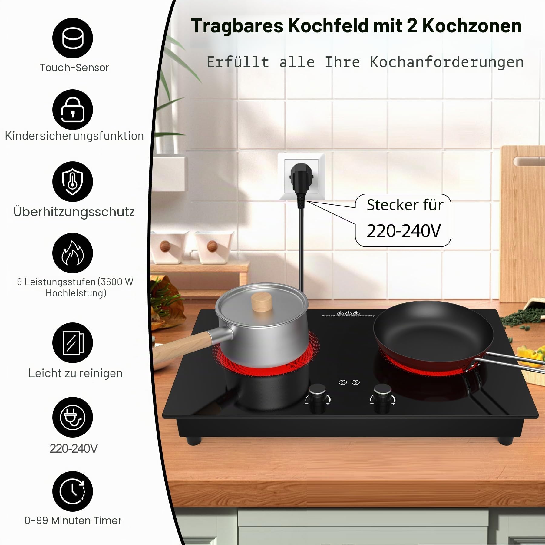 VBGK Elektroherd, 3600 W Glaskeramikkochfeld 2 Platten, Arbeitsplatte und integrierte Kochplatte mit Kindersicherung, Timer, LED-Touch-Knopfsteuerung, Überhitzungsschutz
