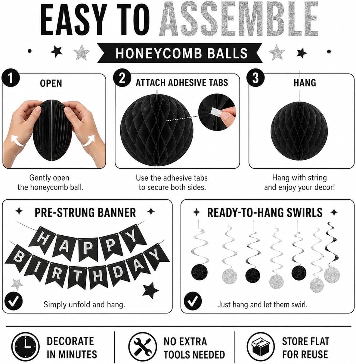 Black and Silver Birthday Decorations, Black Birthday Decorations for Men