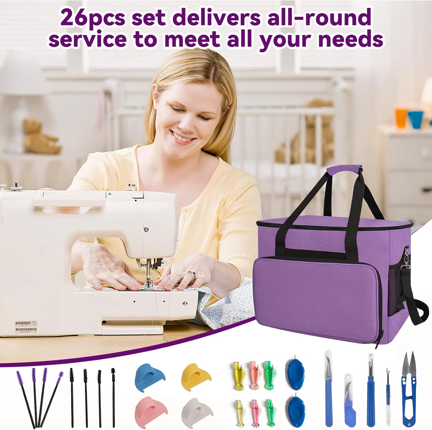 26 PCS Sewing Machine Case Set, Includes Portable Sewing Machine Bag, Suture Remover Kit, Threaders, Cleaning Brushes & Multifunctional Sewing Tool, Suitable for Standard-Sized Sewing Machines