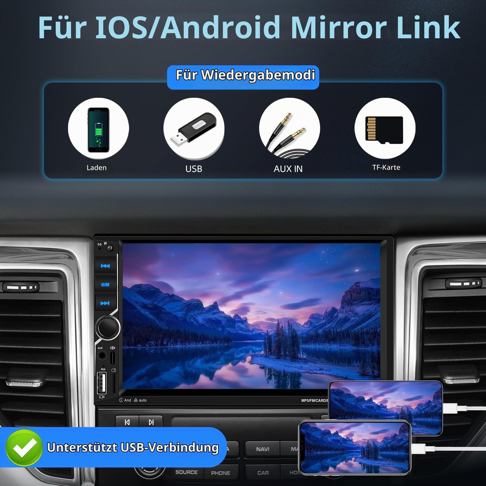 2 Din Carplay Car Stereo Bluetooth 5.1, 7 Zoll HD Touchscreen Autoradio Android Auto, Unterstützung MirrorLink, FM Radio, USB, AUX, Laden + Rückfahrkamera