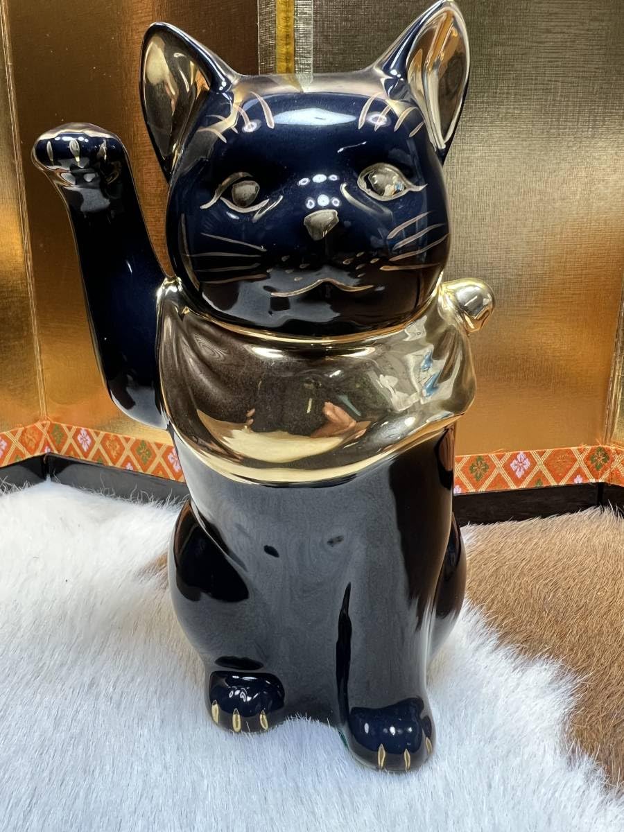 □陶器□宝尽し□染付□招き猫□ねこ□置物□23.5㎝□ネコ