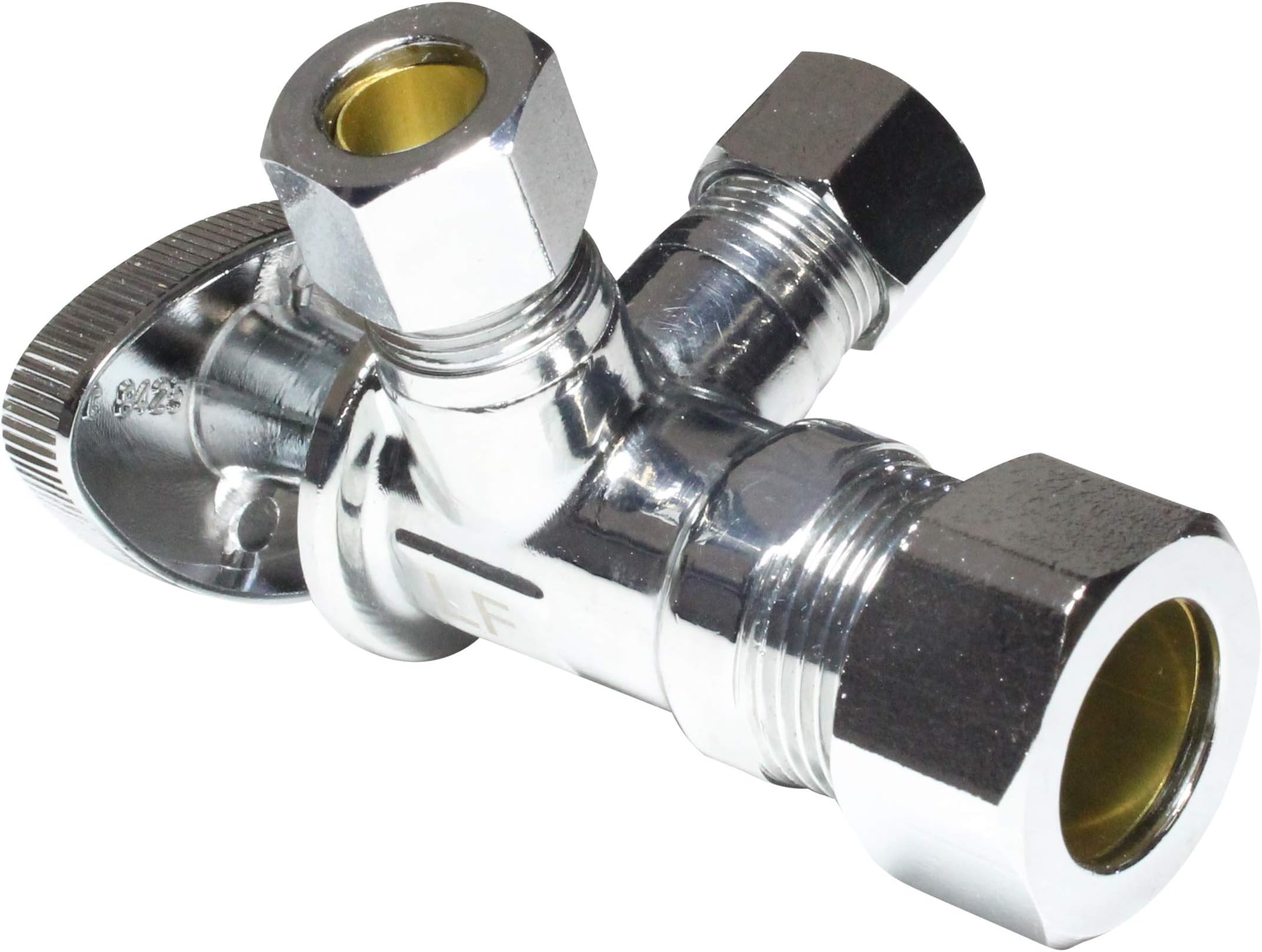 Dual Compression Outlet Angle Stop Valve, Plumbing Fitting, Quarter Turn, Single Handle Independent Multi-Select Positions, Water Valve Shut Off 1/2" NOM (5/8" OD) x (3/8 inch x 3/8 inch)