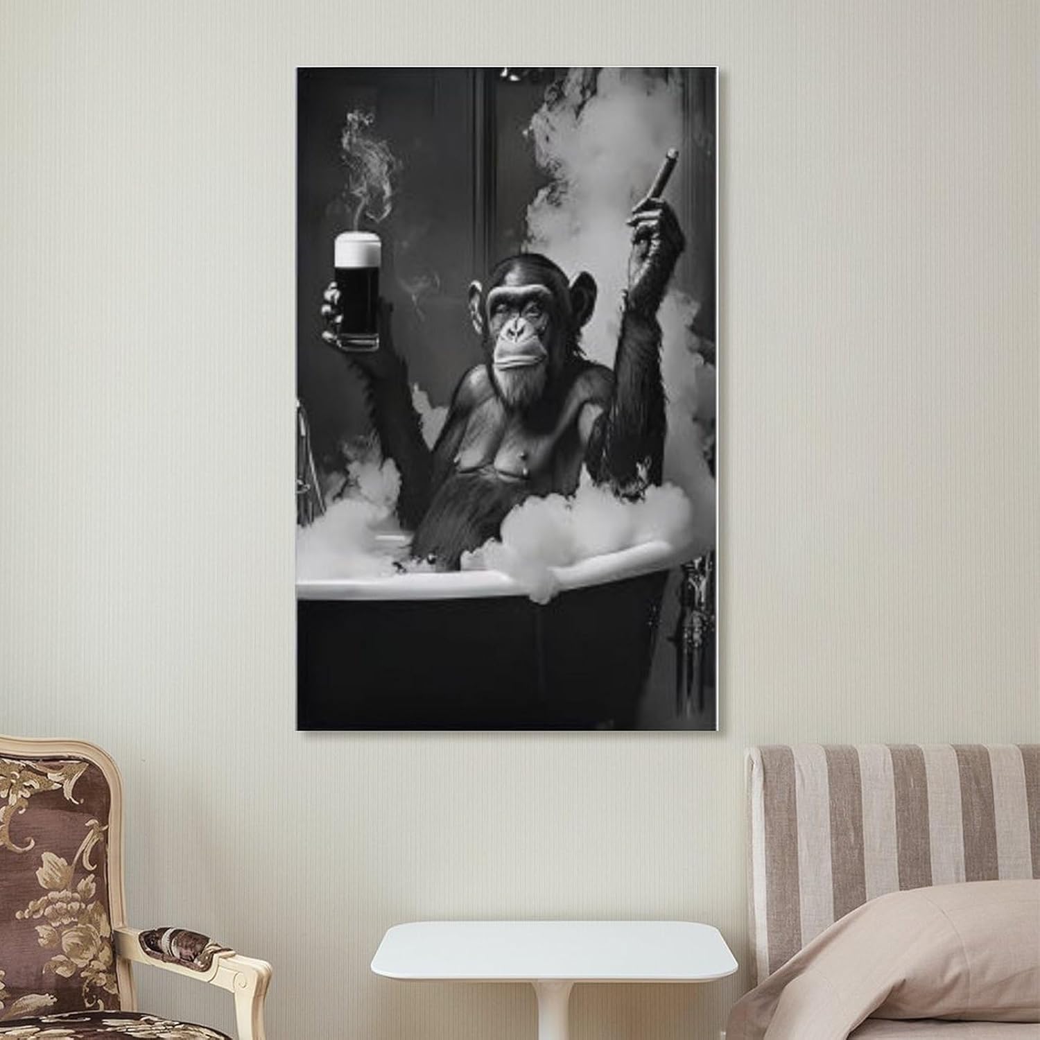 Humorous Chimpanzee in Bathtub Black And White Photo Bubbles Steam Playful Expression Beer Glass Tiled Wall Background Wall Decor Poster Decorative Painting Canvas Wall Art Living Room Posters Bedroom