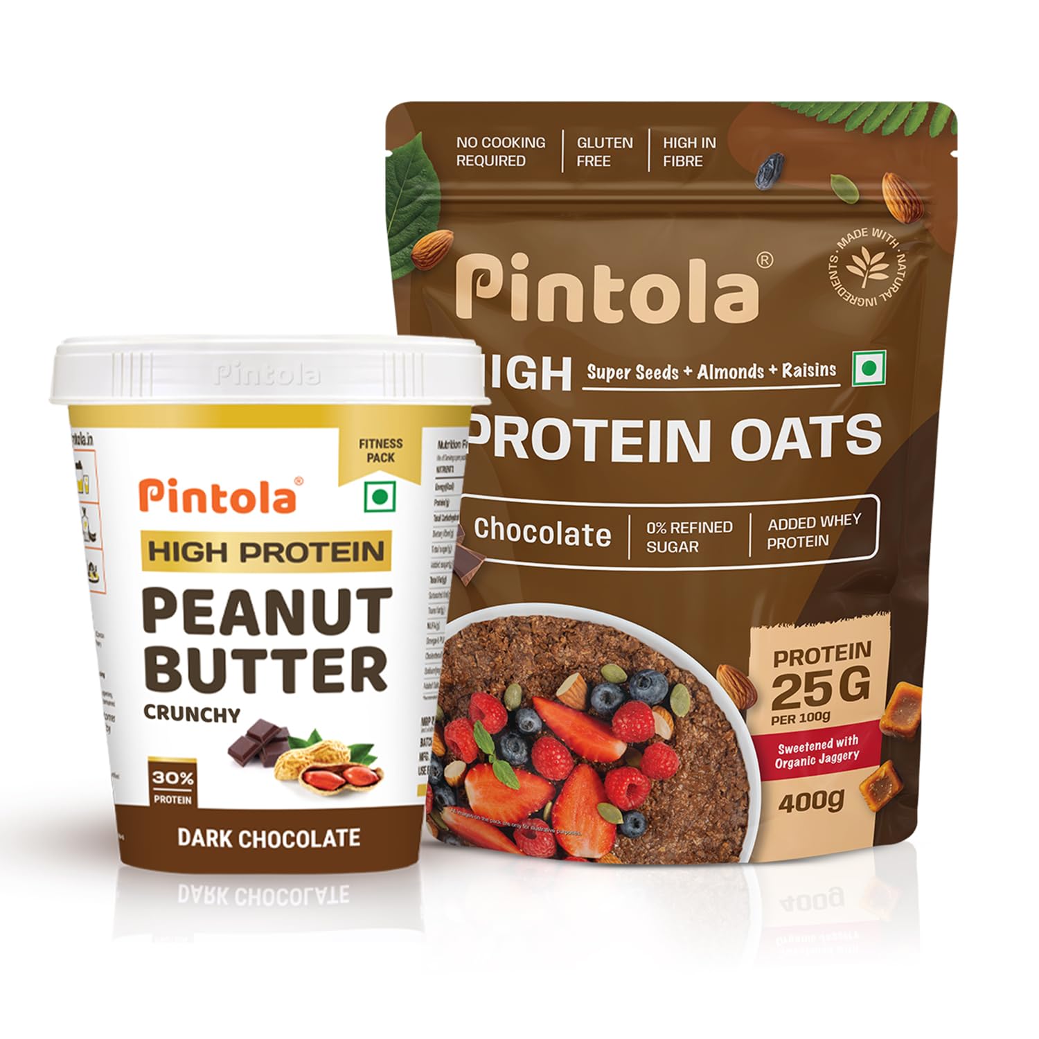 Pintola High-Protein Combo: Dark Chocolate Crunchy Peanut Butter 510g & 22g High Protein Dark Chocolate Oats 400g | No Refined Sugar, Gluten-Free | With Almonds, Raisins, Pumpkin & Chia Seeds-image-36