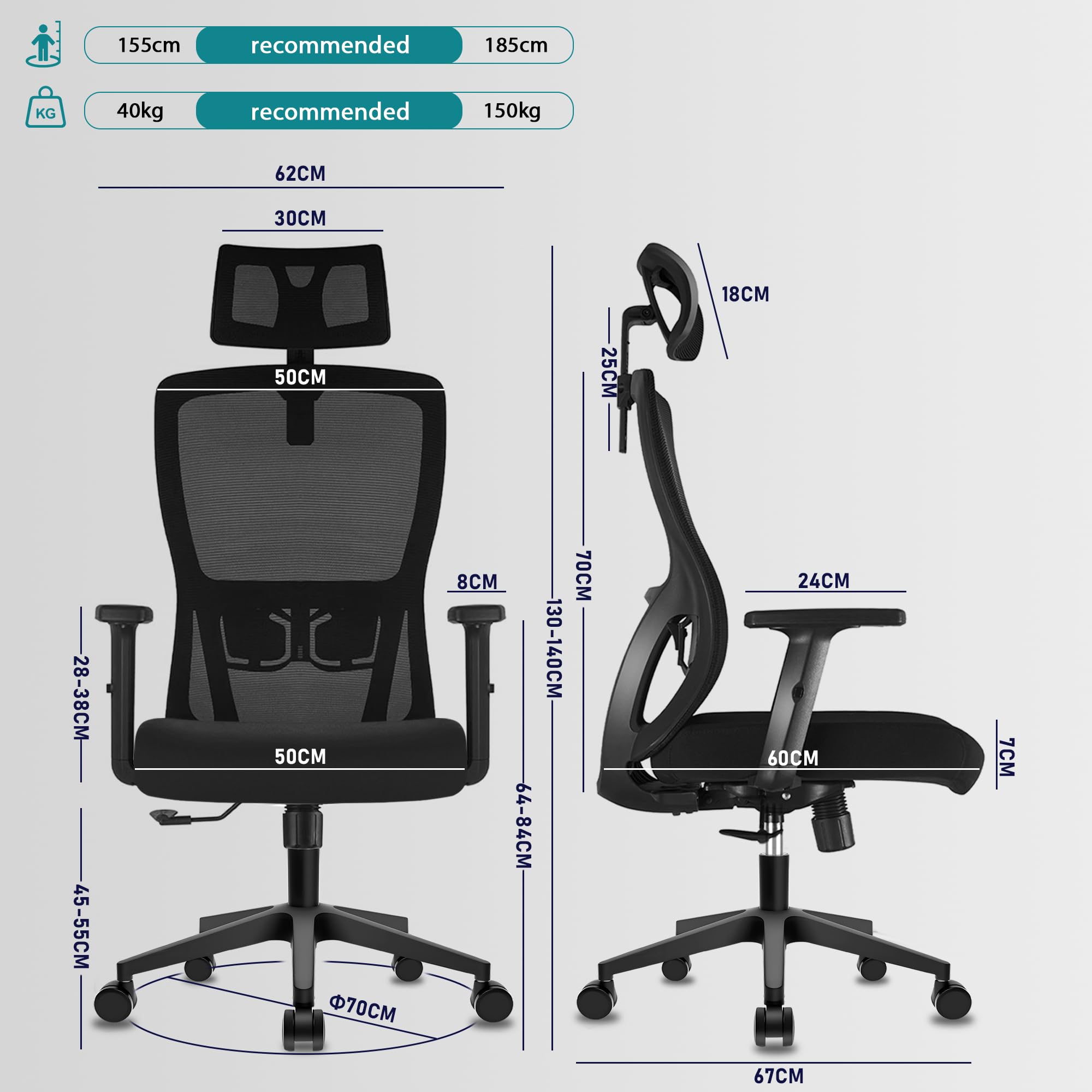 Durrafy Silla de Oficina Ergonómica con Reposacabezas Ajustable, Reposabrazos, Soporte Lumbar, Altura Regulable y Oscilación de 130°, Silla de Escritorio con Capacidad de Carga de 150 kg