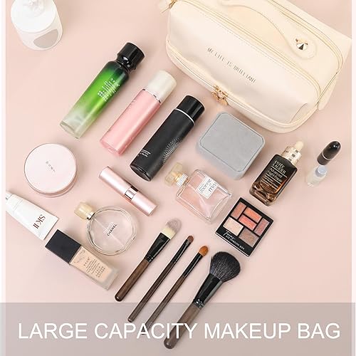 Miniatura 5 de Rebex Bolsa de cosméticos de viaje de doble capa, bolsas de maquillaje de cuero con dos asas, bolsa organizadora de artículos de tocador de cuero