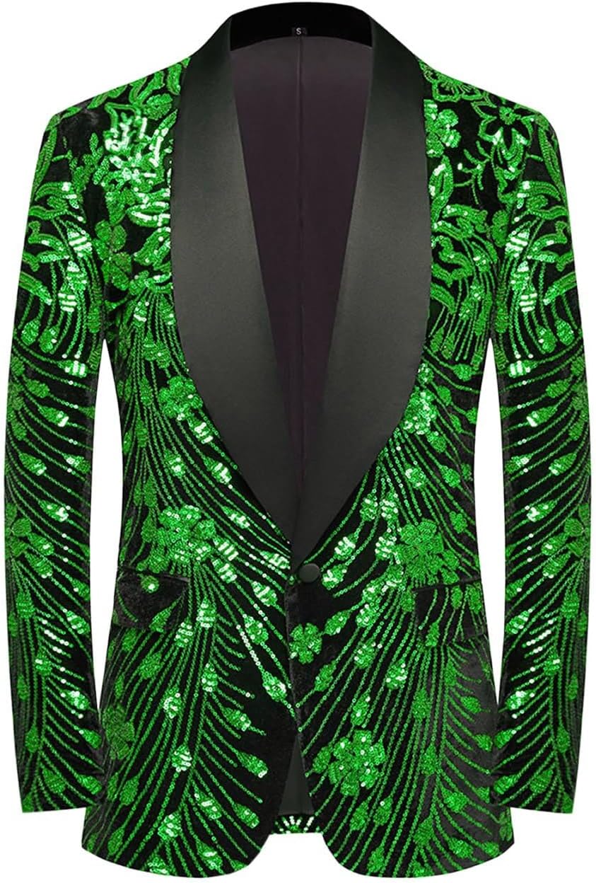 Pyiujtr Men's Sequins Velvet Shawl Lapels Stage Party Prom Wedding Dinner Suit Jacket Blazer