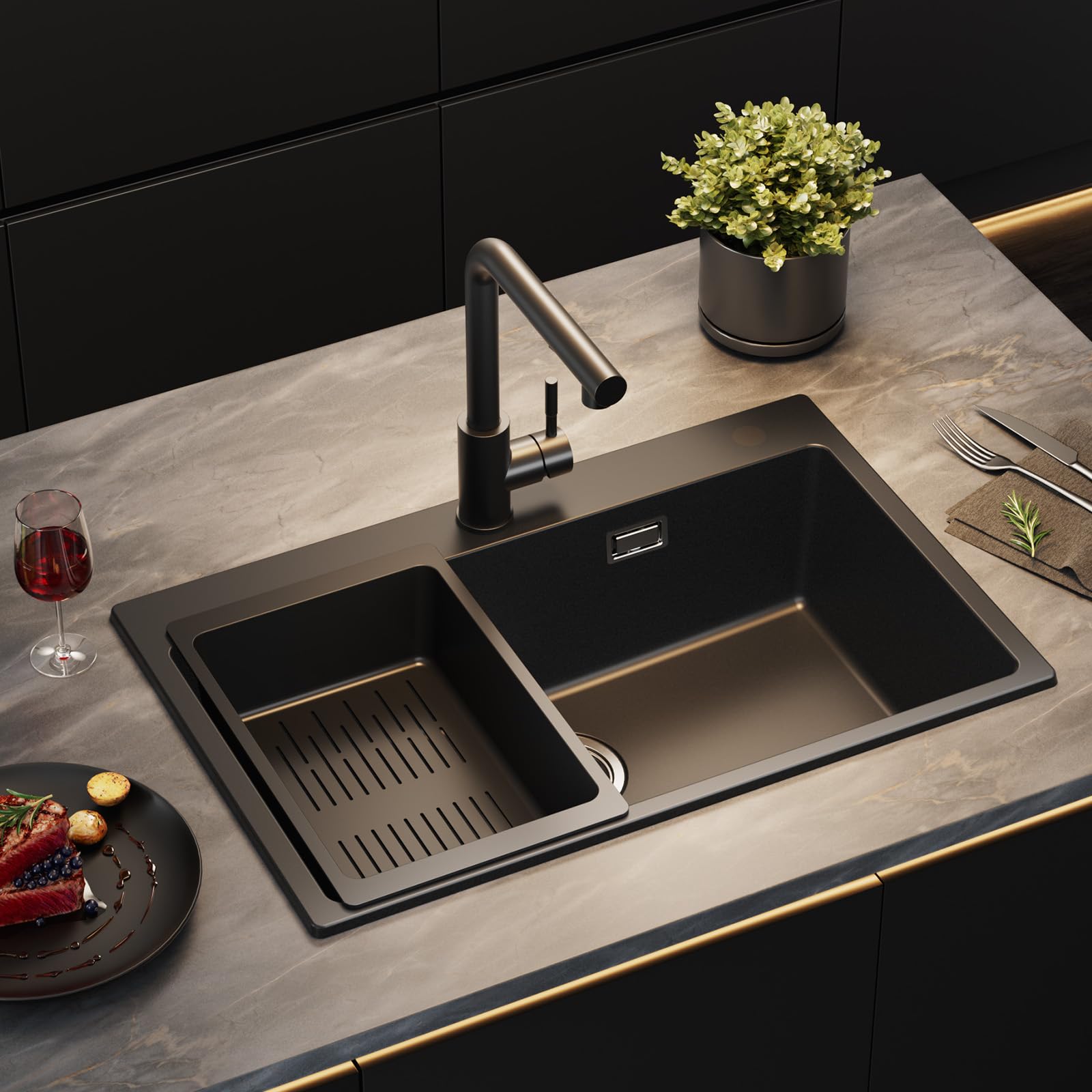 Sofetiy Granitspüle Schwarz, 70x45cm Küchenspüle, Spülbecken Granit, Spüle Küche, Waschbecken Küche, Große Einbauspüle Schwarz, Küchenspülen Rechteckig, Schwarze Spüle, Kitchen Sink, Einzelbecken