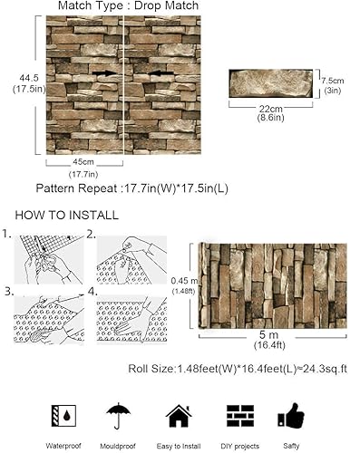 Miniatura 3 de DWIND D1016 - Papel tapiz de piedra autoadhesivo, removible, de vinilo de 1.48 x 16.4 pies, para sala de estar, dormitorio, cocina, decoración de