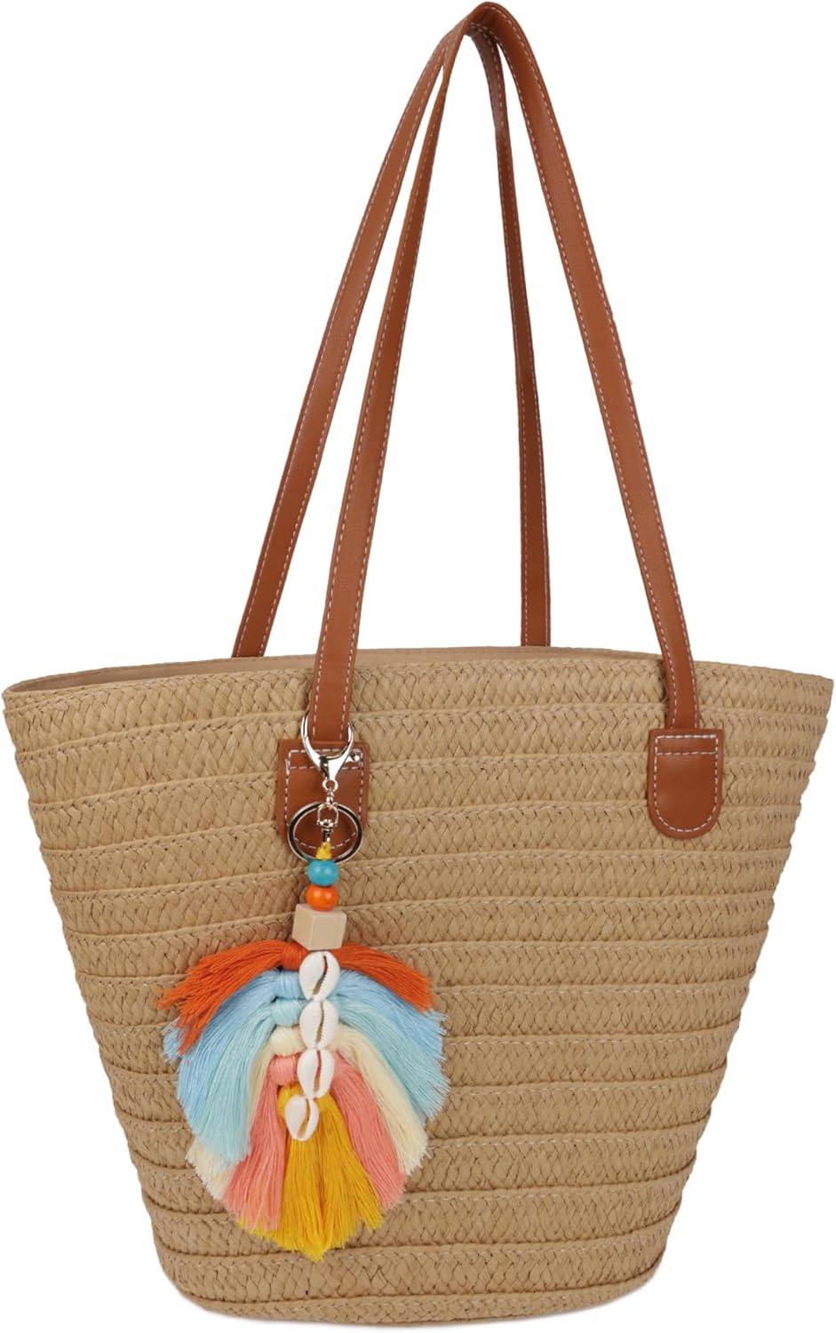 Straw Beach Bags for Women Summer Beach Tote Bag Woven Shoulder Handbag Purse with Tassel (Brown-Style-3)
