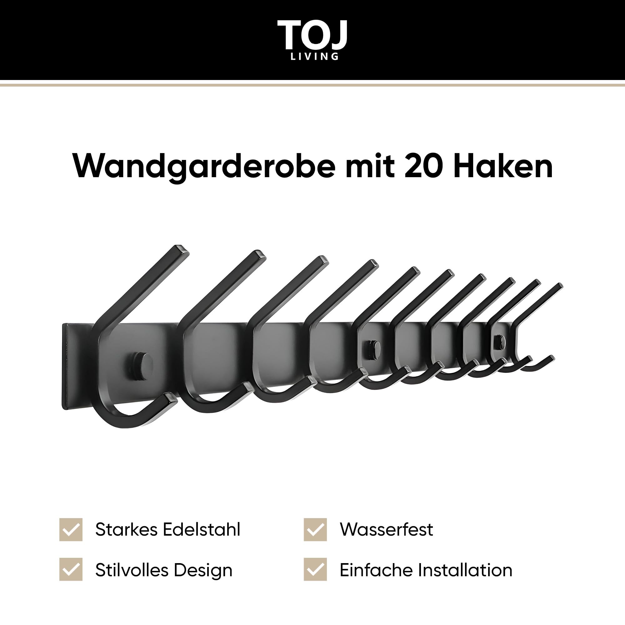 TOJ Living Wandgarderobe - 78CM - 20 Haken - Kleiderhaken - Garderobenhaken - Kleiderhaken wand - Wandgarderobe schwarz - Garderobenstange wandmontage - Wandhaken garderobe - Edelstahl - Schwarz