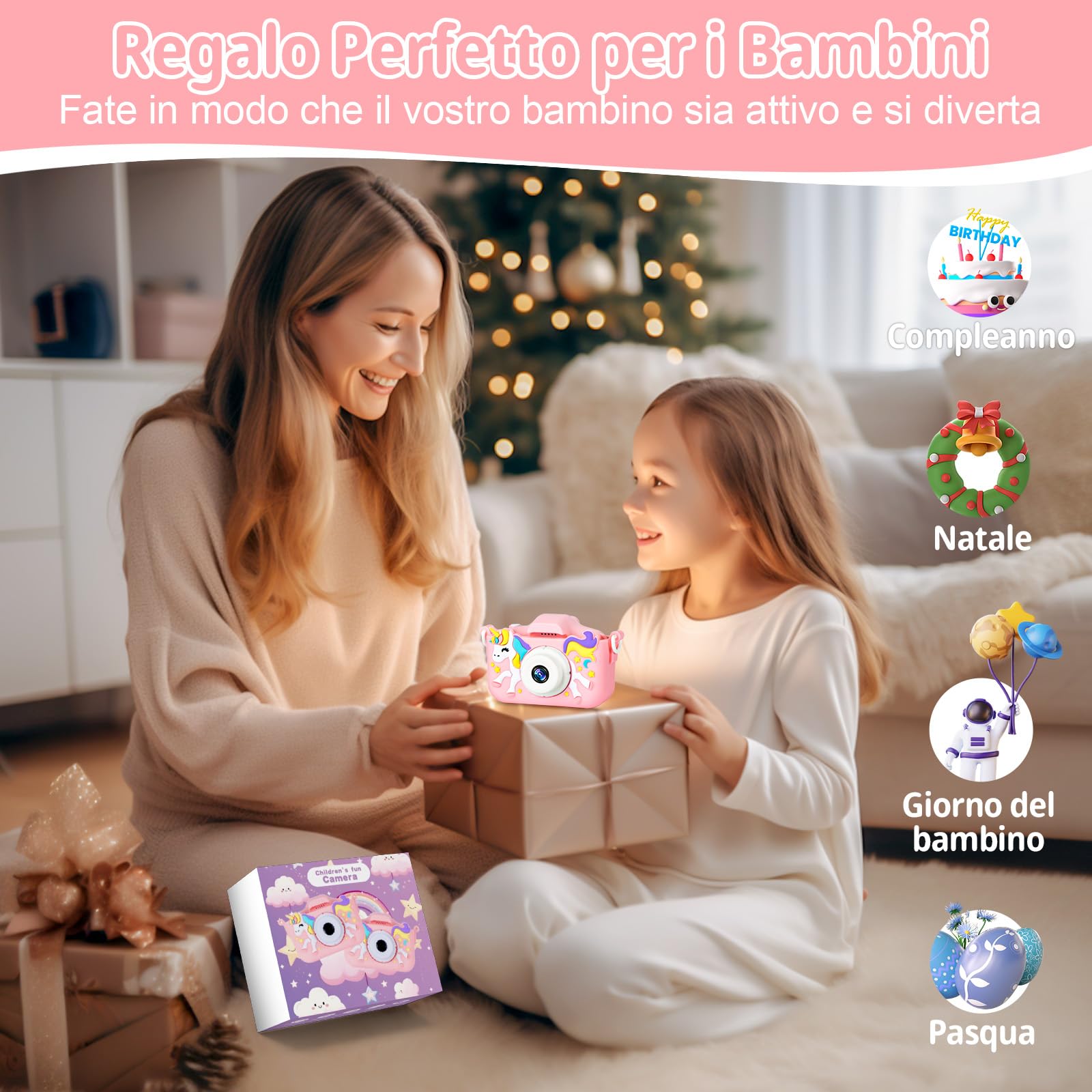 Macchina Fotografica Bambini, 2.0 Pollici Schermo Fotocamera Bambini, 1080P Ricaricabile Fotocamera Digitale con Scheda 32GB, Regali Giocattolo di Natale & Compleanno per Ragazze Ragazzi