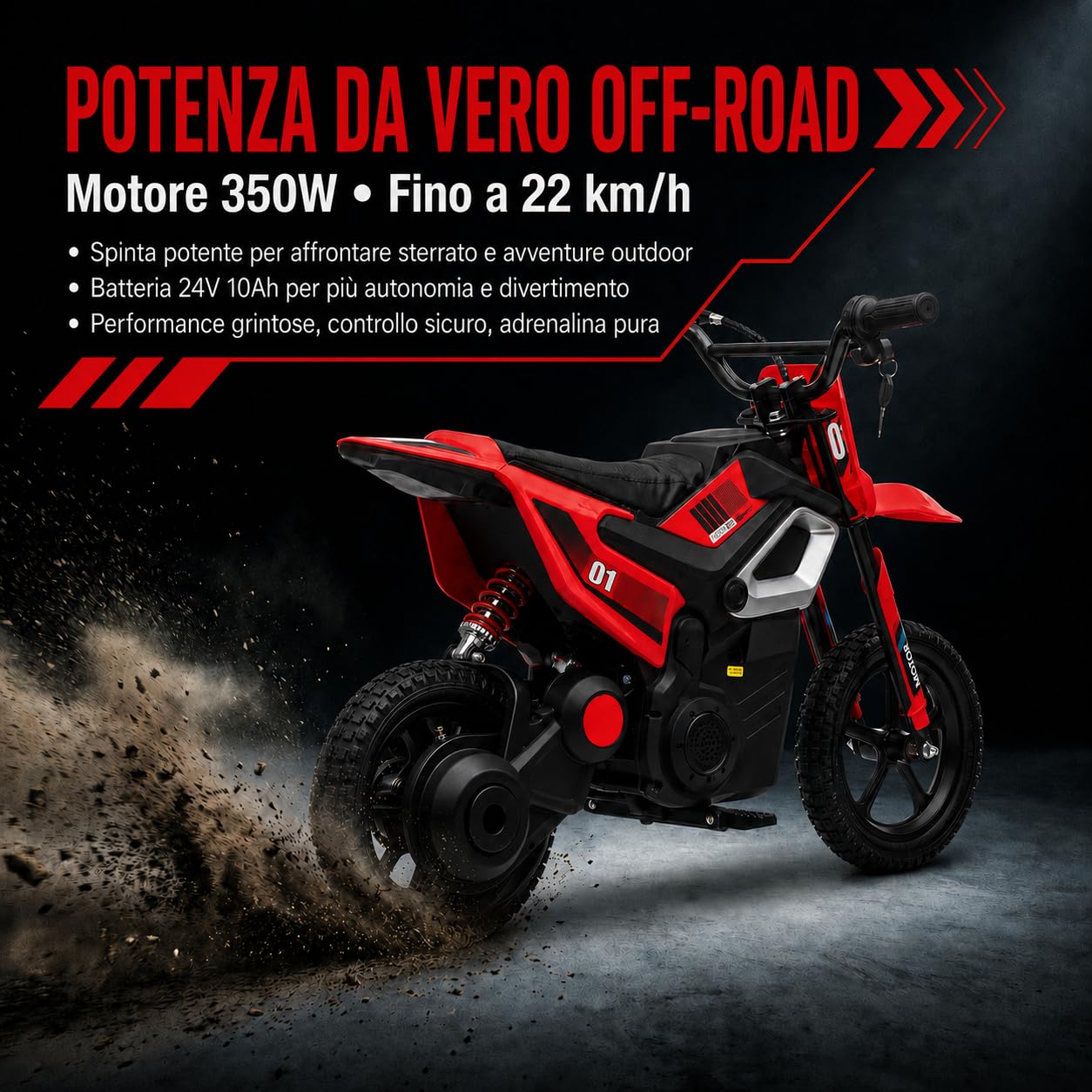 TOYSCAR Moto Elettrica per Bambini 24V 10Ah Thunder Pro Motore 350W, Minimoto Elettrica Moto Cross Elettrica, Pit Bike Elettrica, Ruote Gonfiabili 12" Freno a Disco, Sedile in Pelle, 5-10 Anni (Rosso)