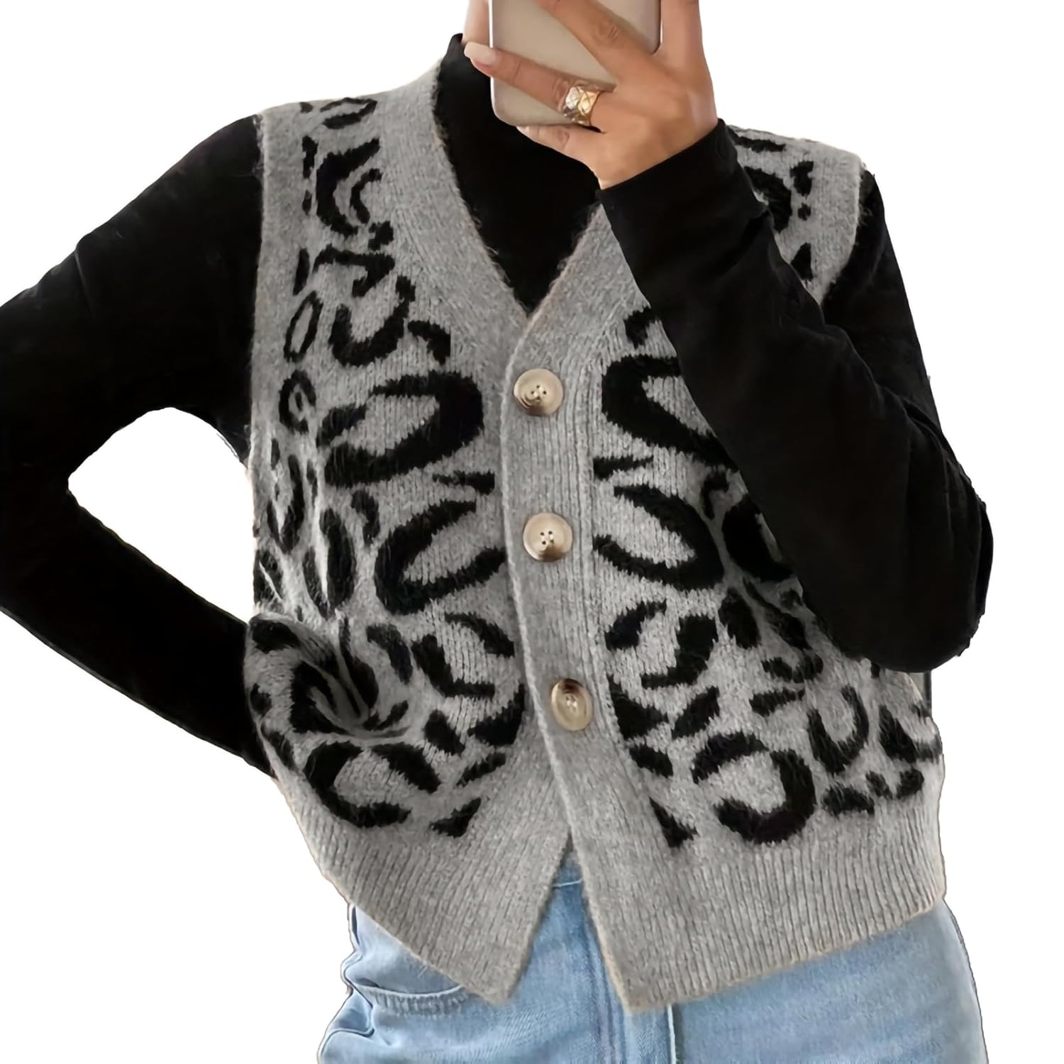 Womens Leopard Print Sweater Vest Casual Button Down V Neck Sleeveless Sweaters Trendy Knit Tank Tops