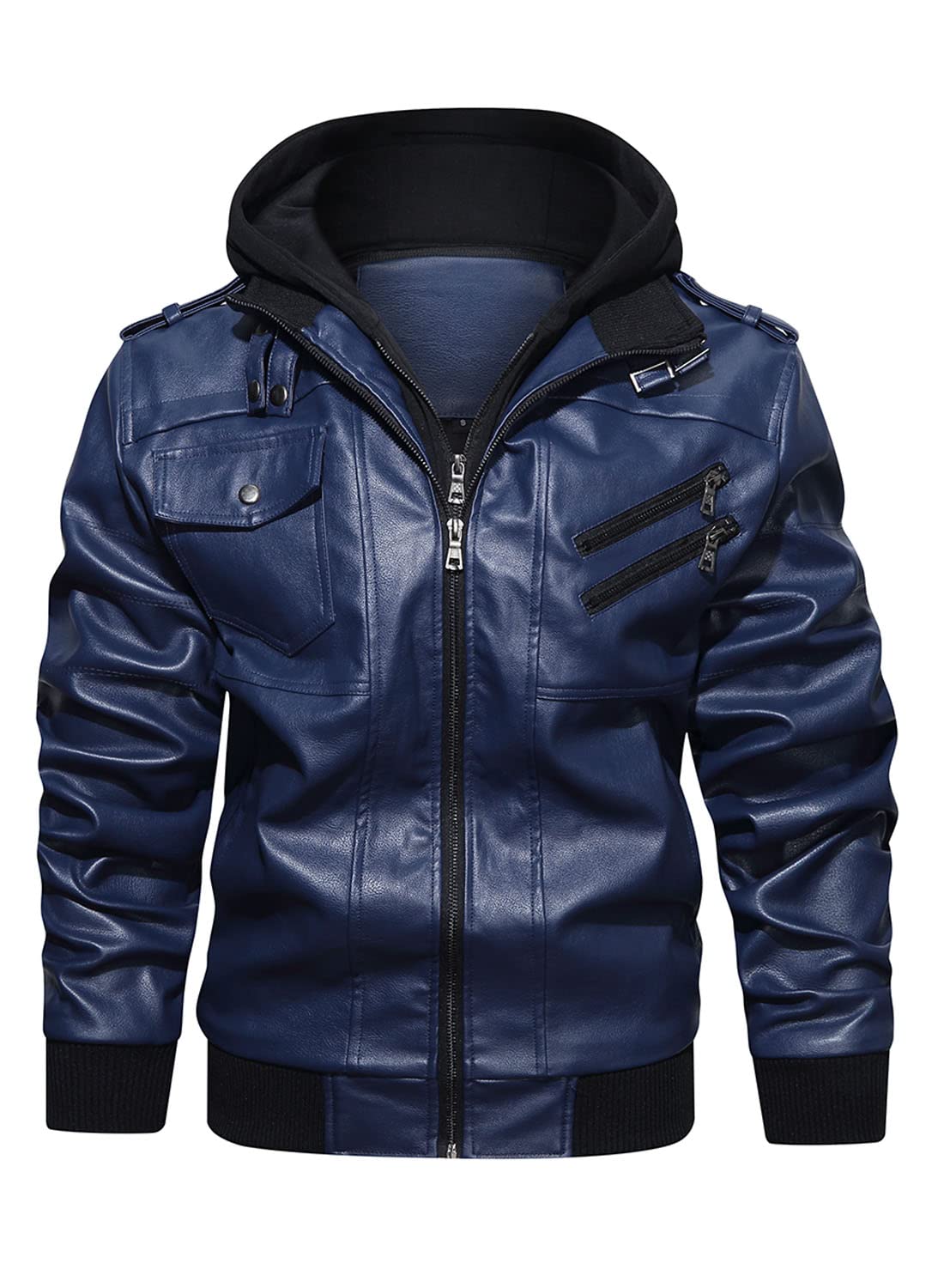 HOOD CREW Men’s Casual Stand Collar PU Faux Leather Zip-Up Motorcycle Bomber Jacket With a Removable Hood