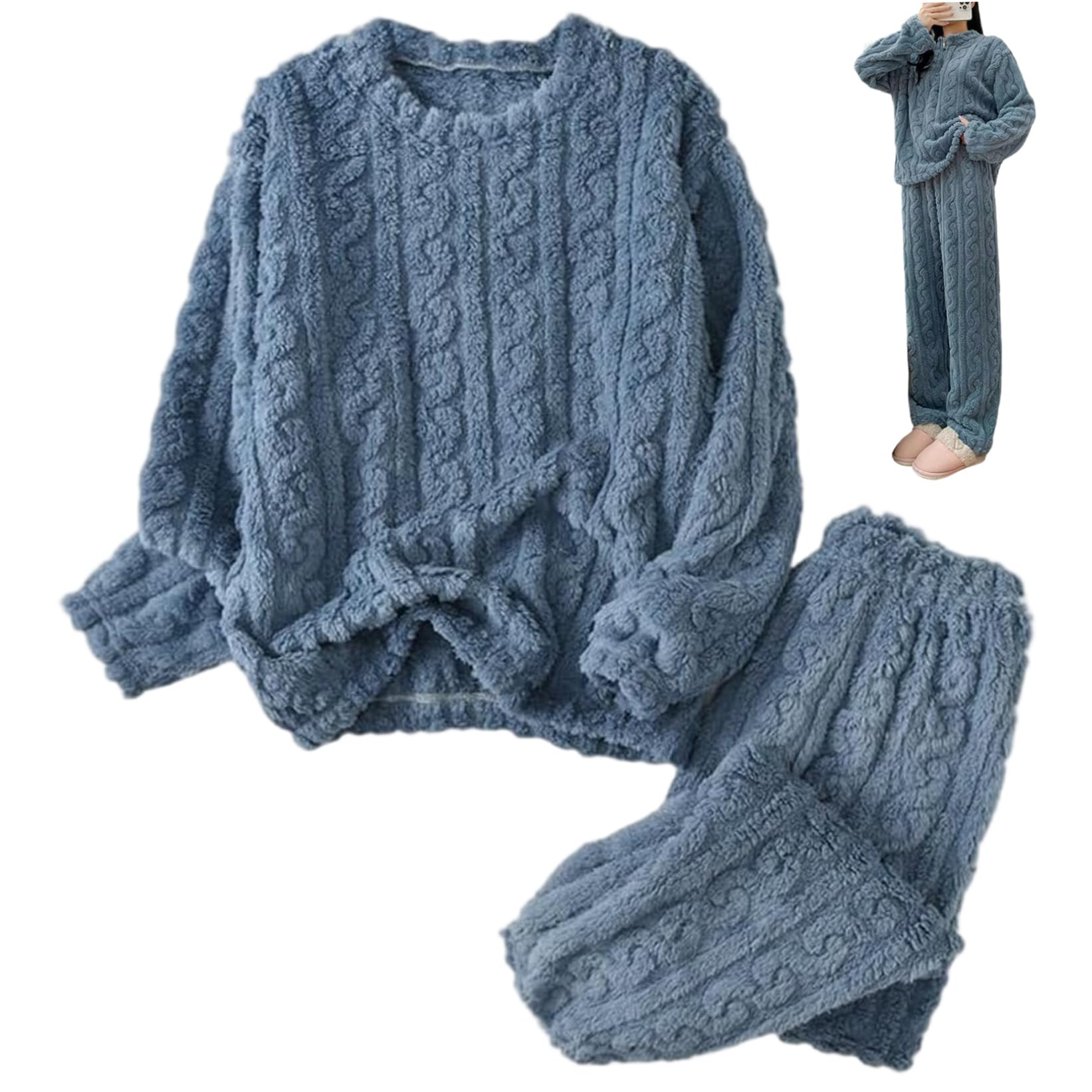Bemonew Cozy Loungewear Warm Fluffy Coral Fleece Pajamas Loose Long Sleeve Pullover and Pants Set for Women Men