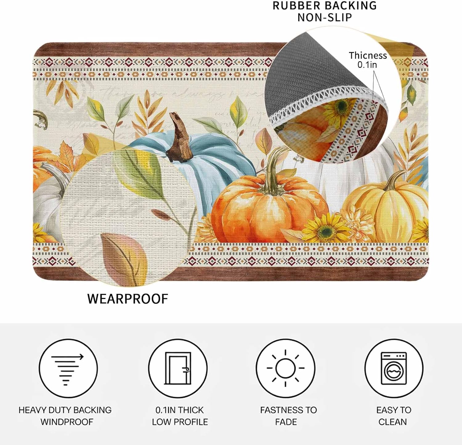 Fall Pumpkin Sunflower Maple Leaves Harvest Thanksgiving Welcome Non Slip Rubber Entryway Front Rug Floor Mat for Indoor Outdoor Kitchen Holiday Home Decor 18x30 Inch