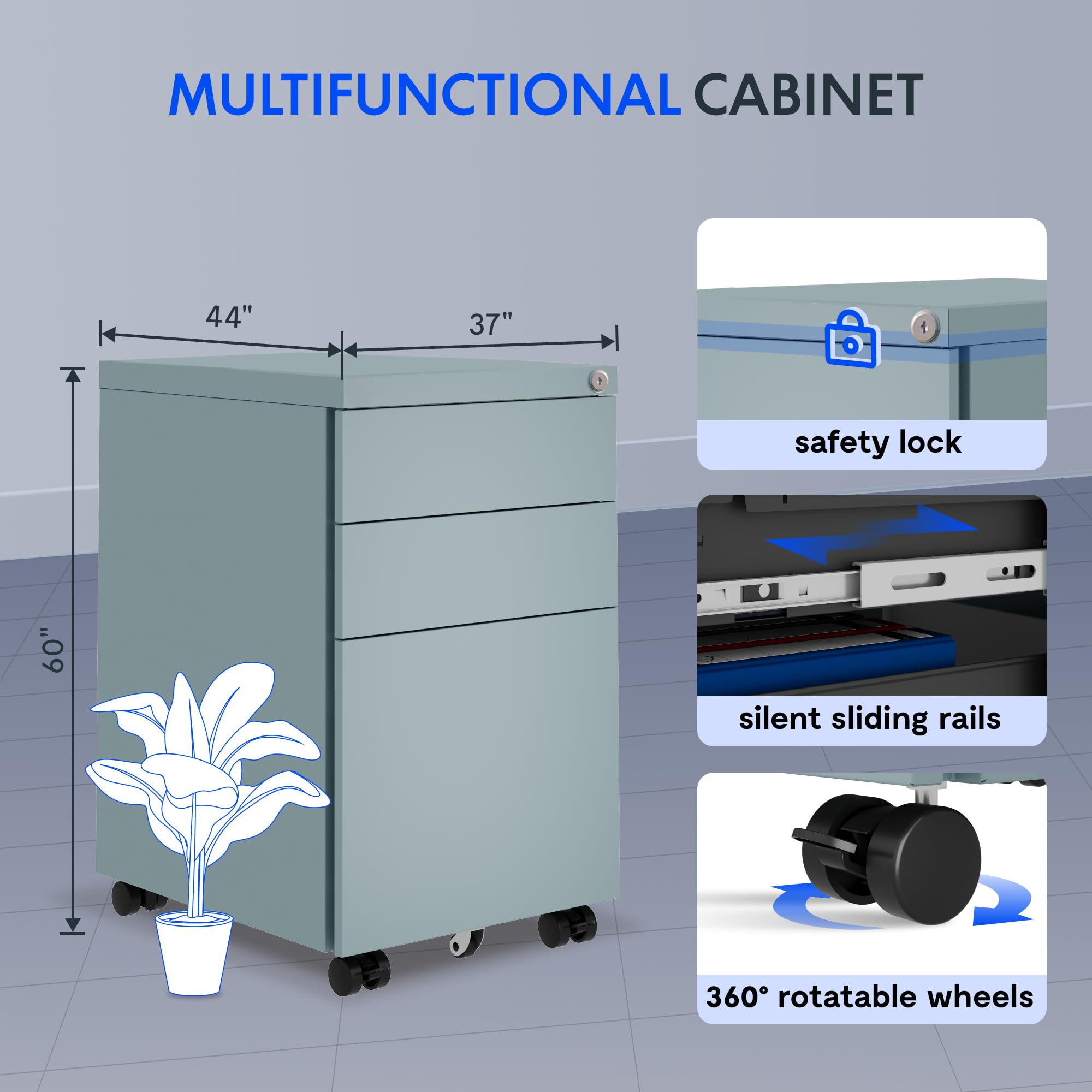 FLEXISPOT schedario con 3 cassetti, cassettiera da ufficio con ruote, armadietto con serratura e sistema anti-ribaltamento, mobiletto porta documenti per casa e ufficio, grigio blu