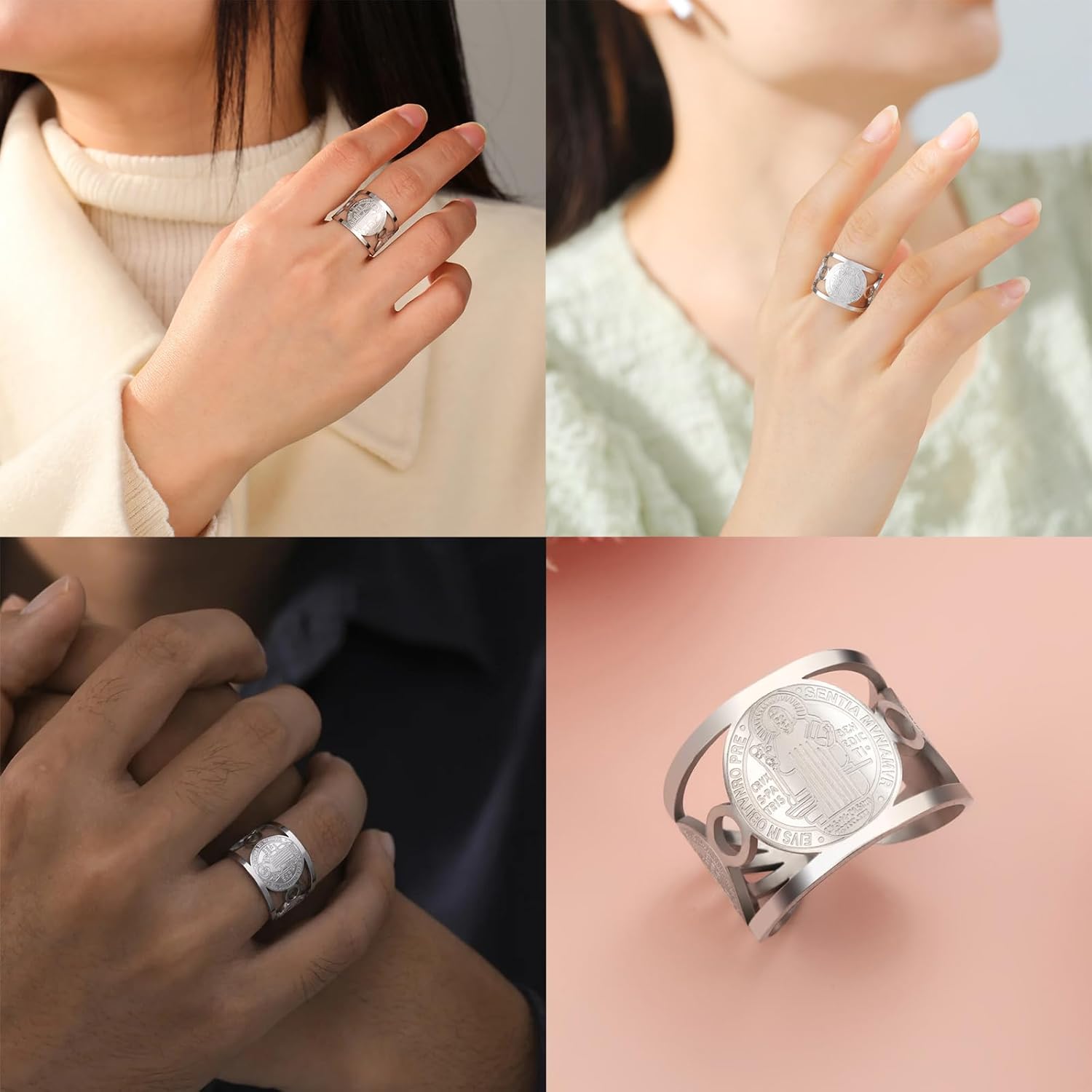 TEAMER Religious Saint Benedict Ring Stainless Steel Resizable St. Benedict Ring Catholic Christian Faith Evil Protection Amulet Jewelry For Women Men - Image 3