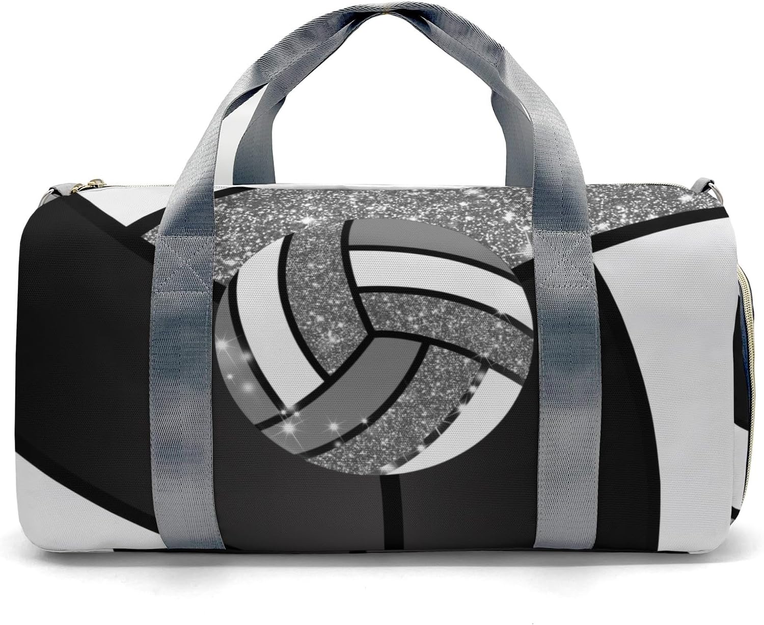 XOZOTY Gray Volleyball Bling Glitter Print Waterproof Duffel Bag with Shoe Compartment Gym Dance Sport Perform Training Travel Bag for Boys Girls Teens Women Men
