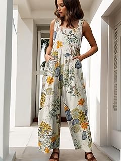 Women's Loose Floral Random Print Patchwork Dual Pocket Overalls Bohemian Wide Leg Bib Ladies Jumpsuit