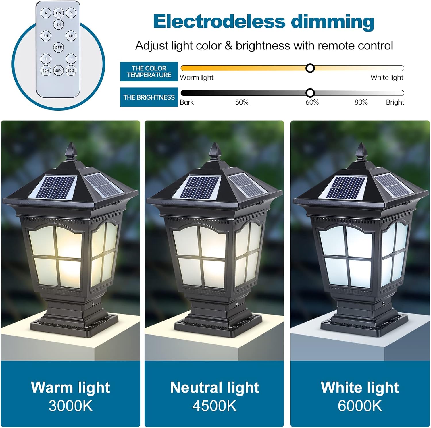 Solar Outdoor Column Lights IP65 Waterproof External Solar Tricolor Dimming Post Lights Post Cap Light Aluminium Courtyard Pillar Lights Fixture with Remote Control