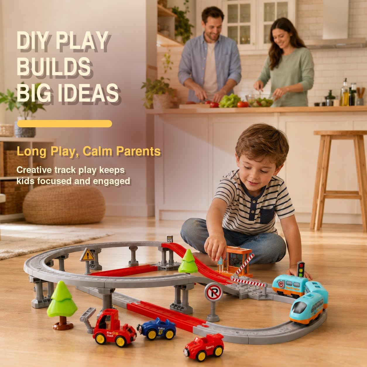 85 PCS Electric Train Set for Kids, Magnetic Train Track Set with Elevated Railway, Motorized Train, Cars, Station & Accessories, STEM Building Toy, DIY Railway Playset Gift for Boys Girls Ages 3-8 image 3