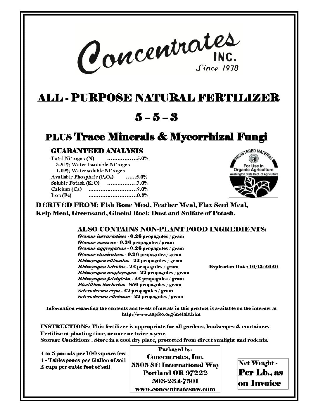 Concentrates Inc Organic All Purpose Fertilizer with Mycorrhizae 5-5-3, 5 lb