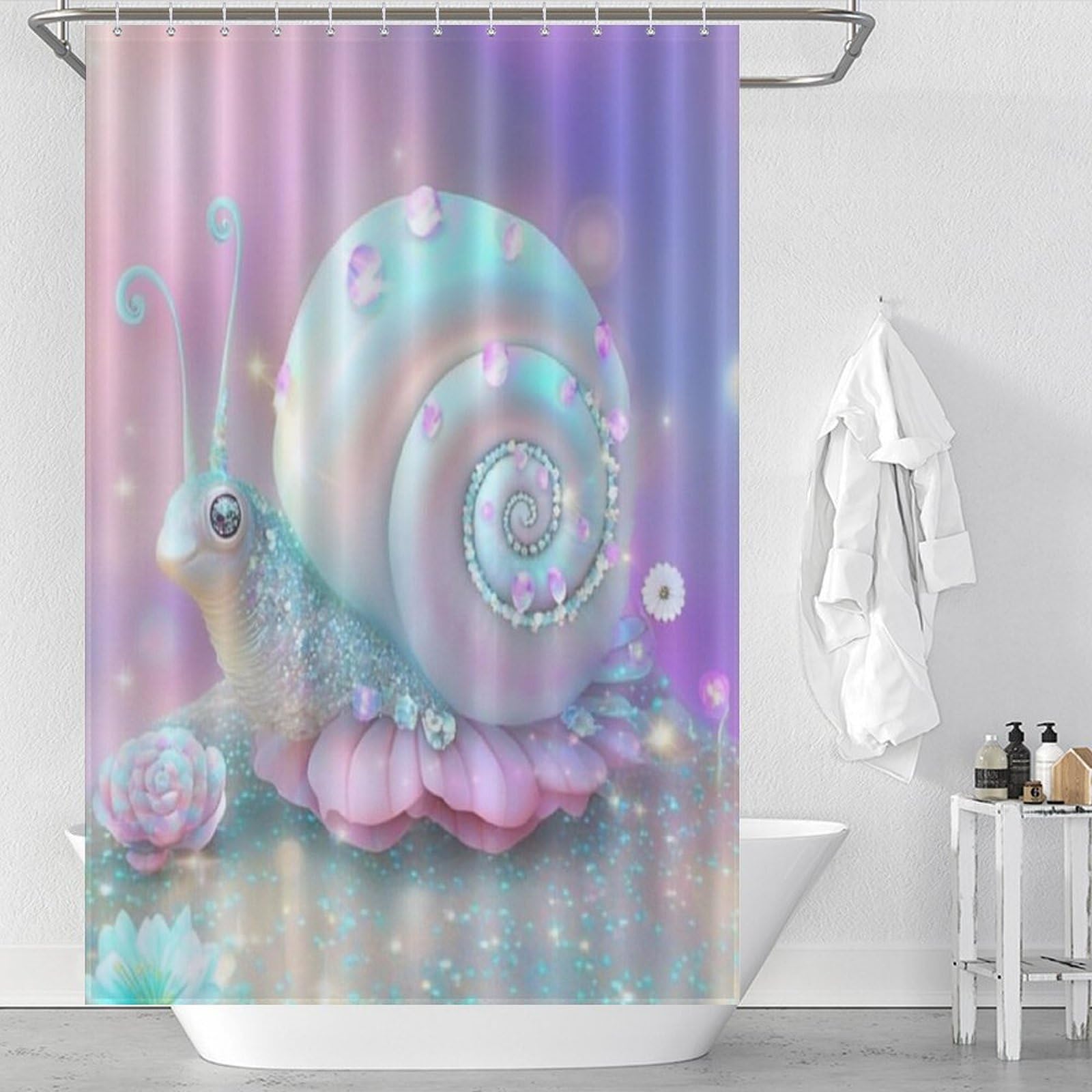 Rideau de douche étanche escargot mignon et résistant avec système de pose facile