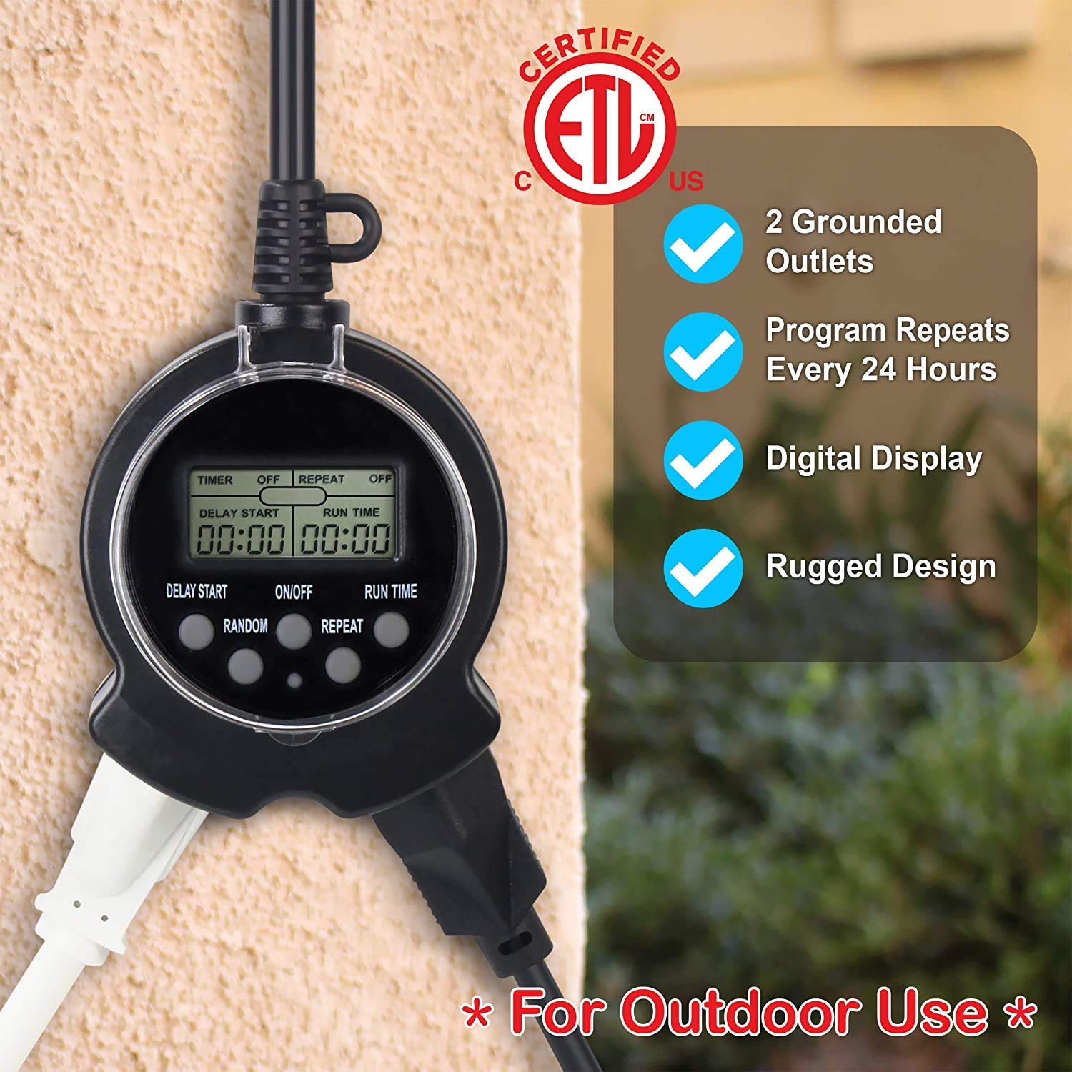Clear Power Outdoor Digital Programmable Timer showing ETL certification and key features