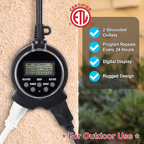 Miniatura 4 de Clear Power Temporizador programable digital al aire libre, 2 tomas de tierra con cables de 6 pulgadas, enchufe plano a tierra DCOT-0004-DC