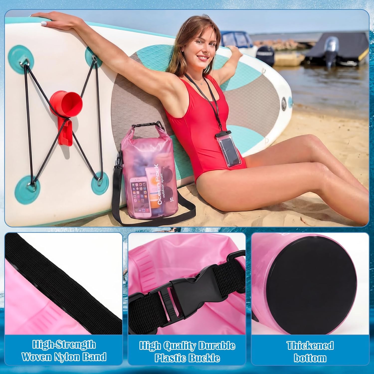 Thinkday 3 Pcs Paddle Board Accessories Include 5L Waterproof Dry Bag for Women Men 2-in-1 Paddleboard Cup Holder Waterproof Phone Case Roll Top Lightweight Storage Bag for SUP Kayak Boat(Pink)