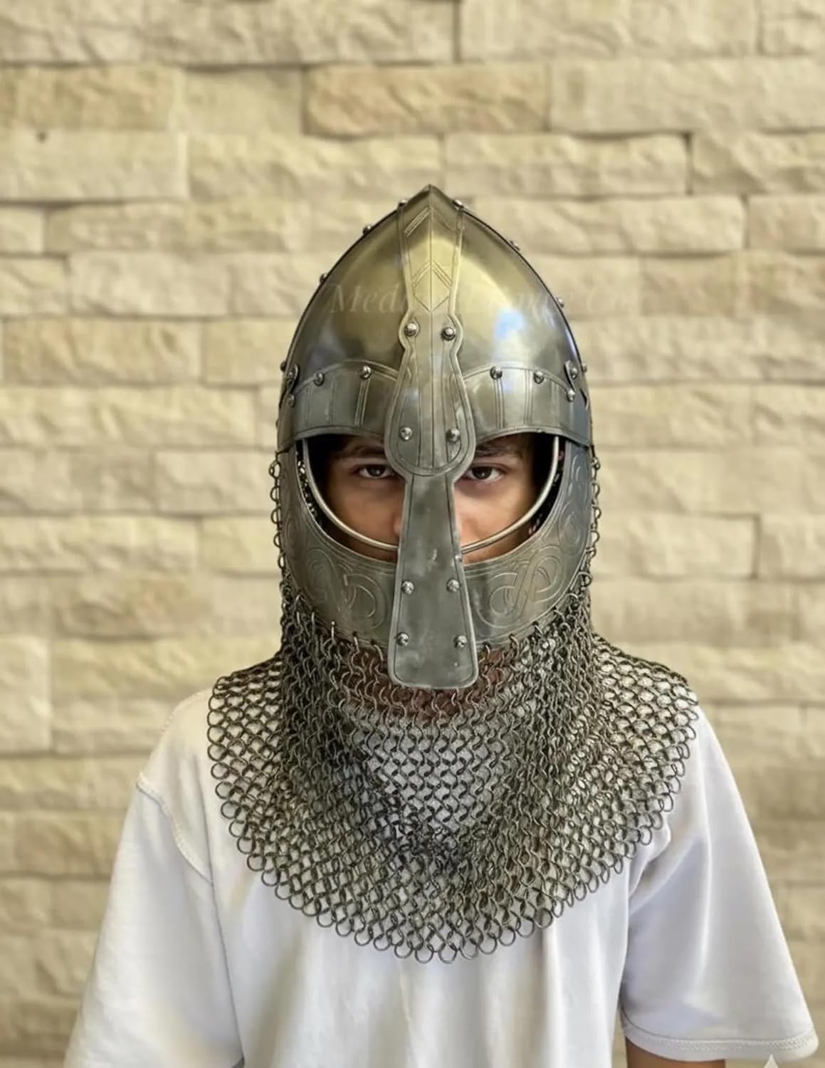 Medieval Wearable Norman Viking Helmet with Chainmail Coif – Handmade Antique Brass Steel Knight Helmet for LARP, Cosplay, Reenactment & Costume – Adult Size 24–25 Inch Head Circumference
