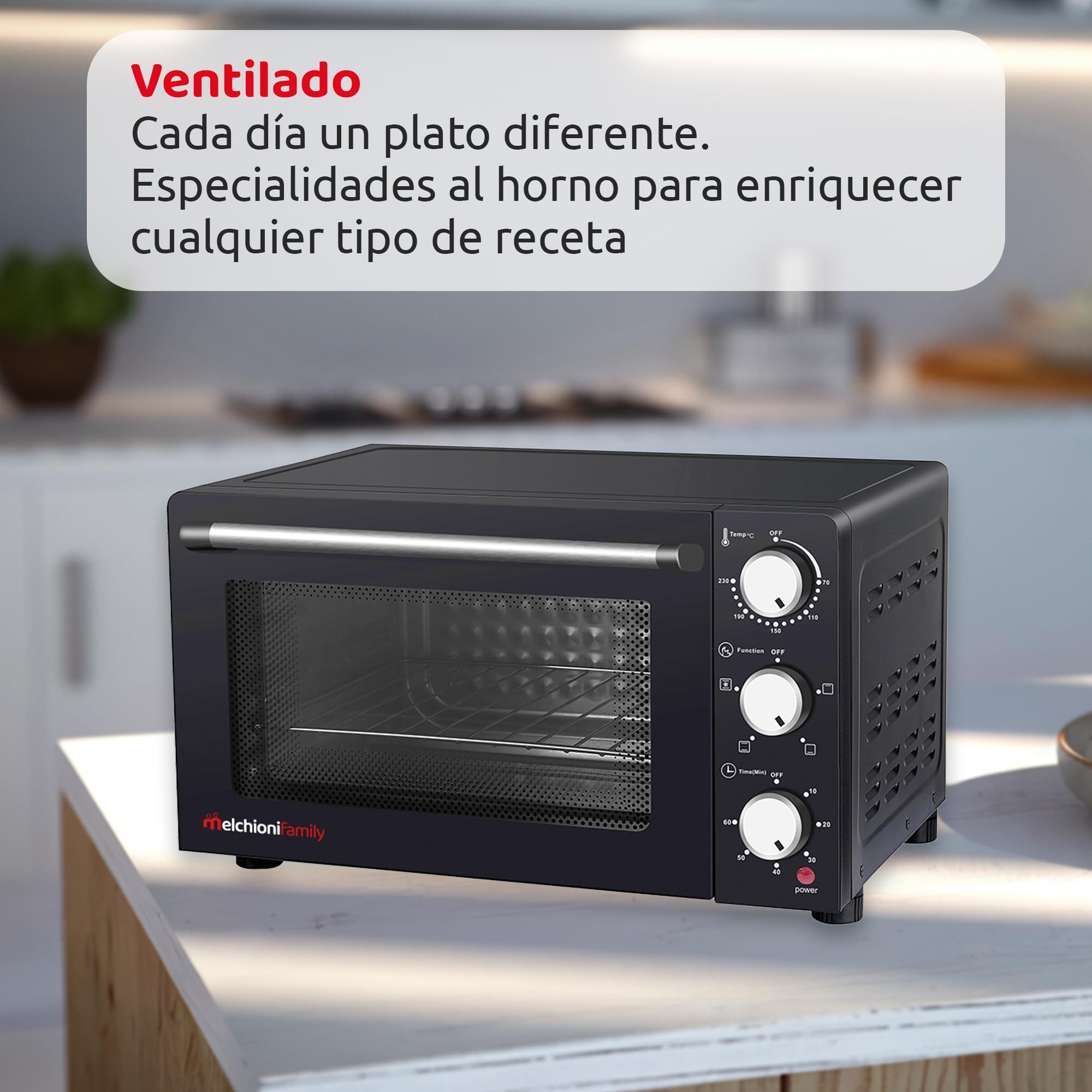 Melchioni Family | Horno Eléctrico Ventilado ENJOY 24, Capacidad 24 litros, 1200W, Multicocción con Temporizador 60 Minutos, Termostato regulable hasta 230° C