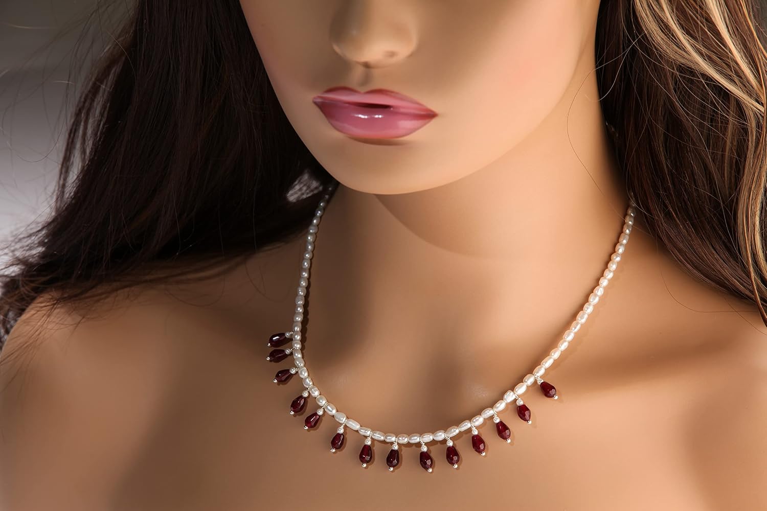 Genuine Freshwater Pearl and Garnet Wire Wrapped Drop Handmade Bib Necklace. Gift For her
