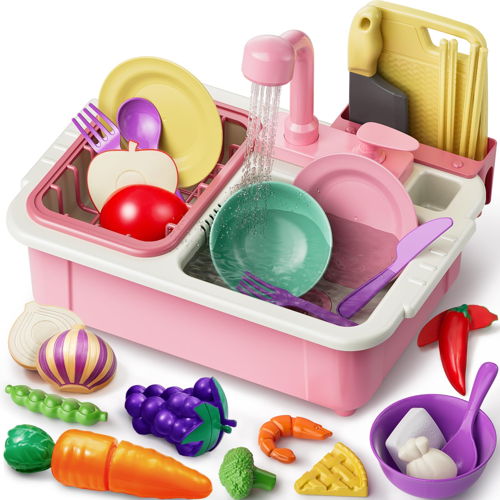 Geyiie Kids Sink with Running Water, Toddler Kitchen Sink Toy with Real Faucet, Chopping Foods, Play Dishes and Dish Rack, 30Pcs Pretend Dishwasher Toys Accessories, Learning Gift for Girls Boys