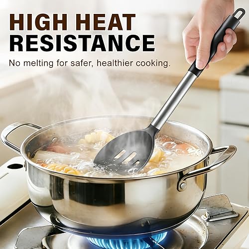 Miniatura 5 de Juego de utensilios de cocina de silicona, 5 piezas, herramientas de cocina resistentes al calor, incluye espátula sólida y ranurada, cuchara de