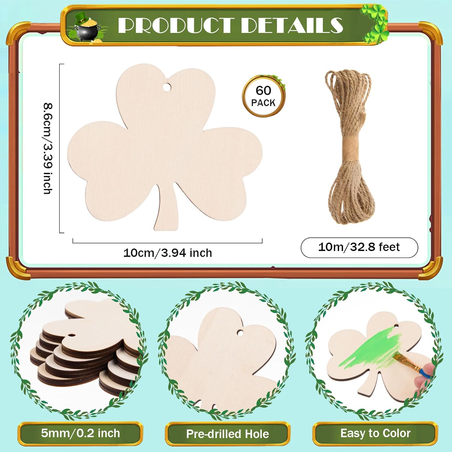 AWIZOM 60 Pcs Unfinished Shamrock Wooden Ornaments Wooden St. Patrick's Day Cutouts to Paint Blank Wood Clover Slices with Twine for DIY Craft Present Tags Irish Holiday Hanging Decorations,3.94x3.39 - Image 2