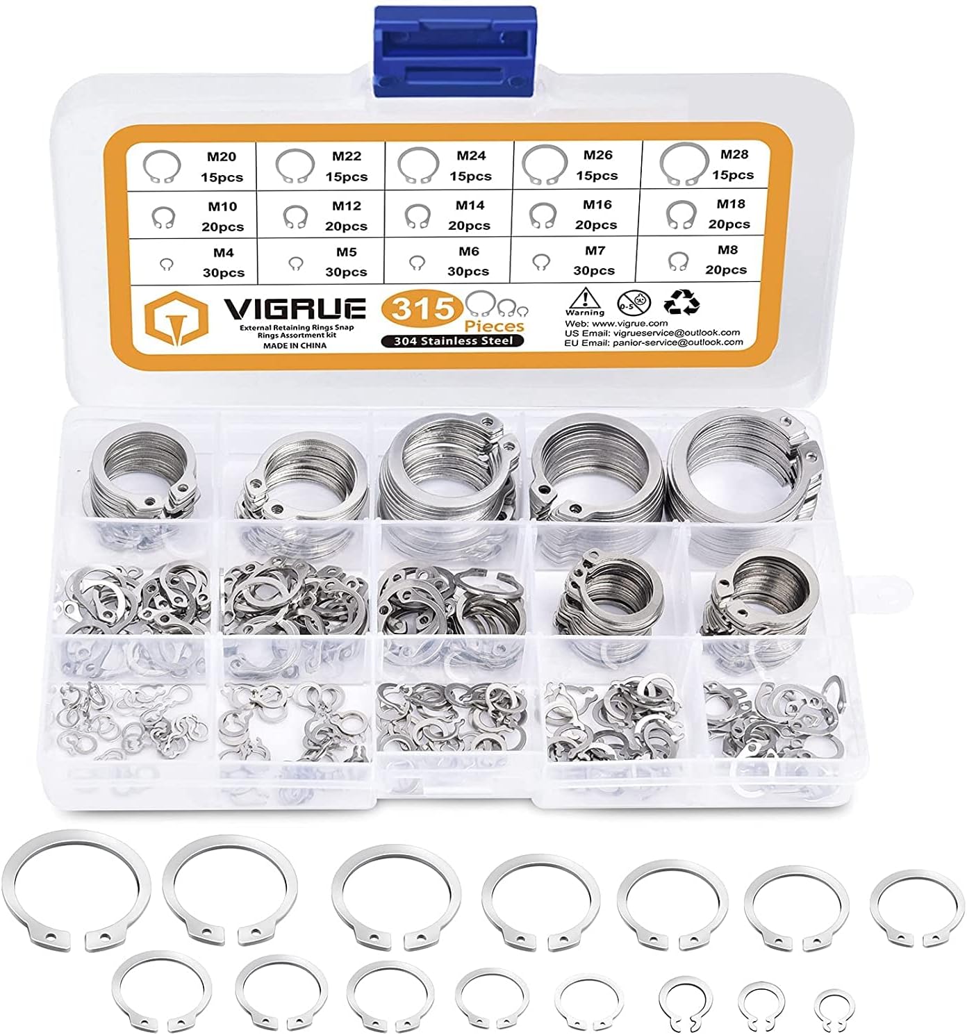 315 Pcs Snap Rings, External Retaining Rings Kit, C Clips Circlip Snap Retaining