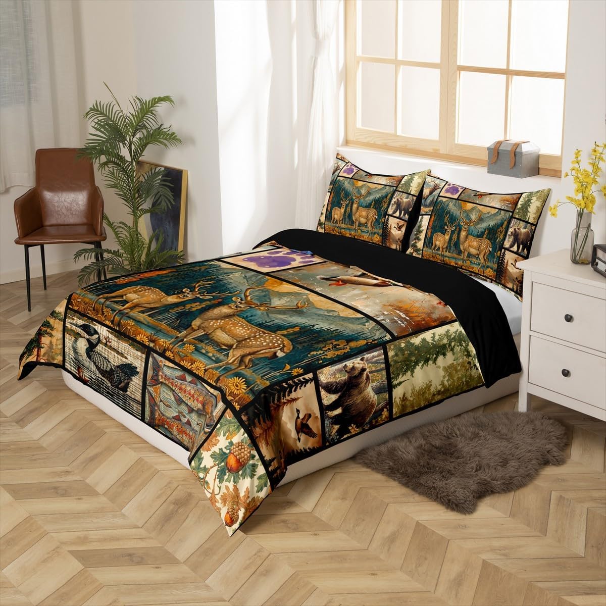 jejeloiu Kids Cute Deer Duvet Cover Toddler Size, Deer Hunting Bedding Set Boys Girls Mallard Duck Comforter Cover Western Farmhouse Bedspread Cover 2Pcs with 1 Pillow Case (No Comforter)