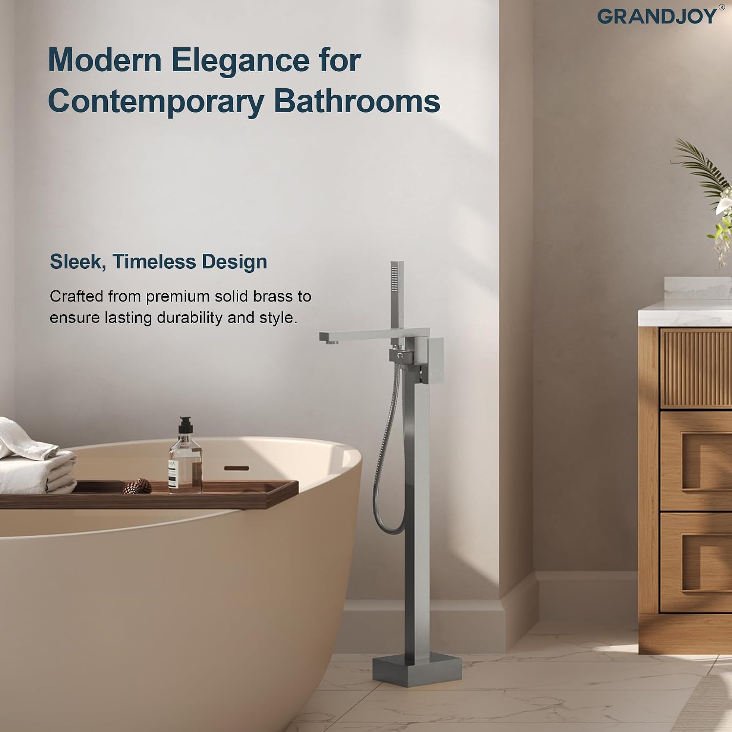 Brushed Nickel Freestanding Bathtub Faucet with Hand Shower, Single Handle Waterfall Spout, Solid Brass & 304 Stainless Steel High Flow Tub Filler, Floor Mount