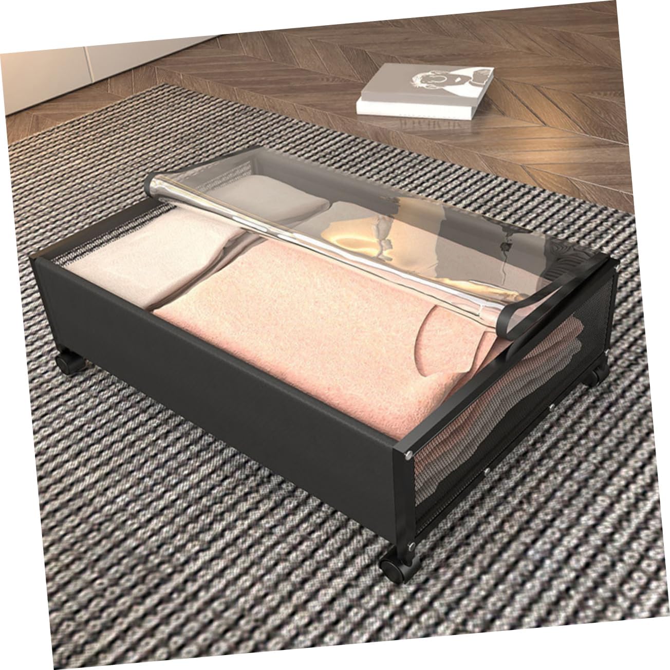 under Bed Storage Basket with Wheels Multi-purpose Organizer for Clothes Shoes Toys and Books Mesh Design for Easy Visibility for Bedroom and Living Space