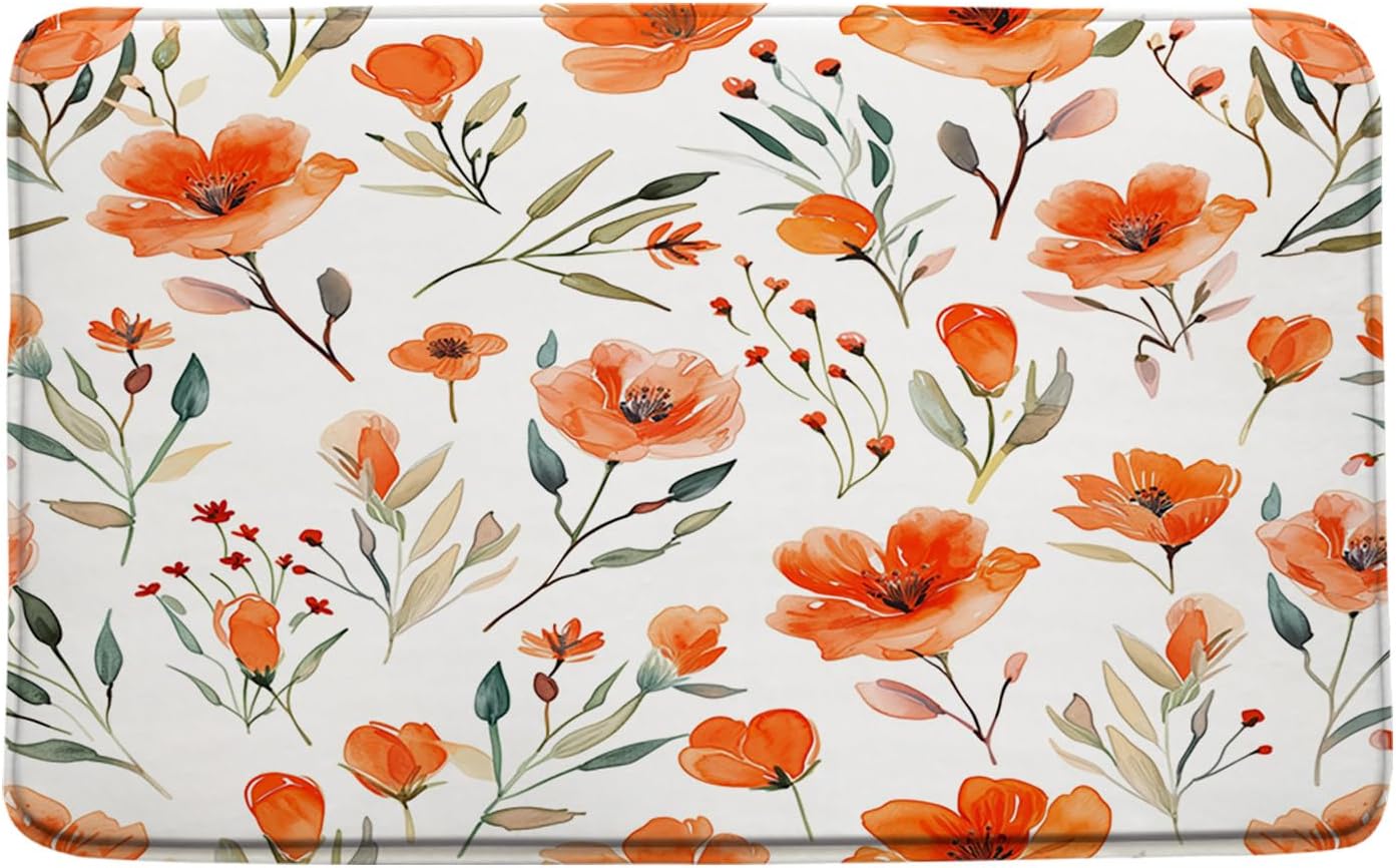 Orange Floral Bath Mat Watercolor Flower Leaf Rutsic Farmhouse Floral Plant Vintage Nature Bathroom Doormat Toilet Floor Rug,19.7x31.5+24x36 Inches, 9904AL-DD-50x80+60x90