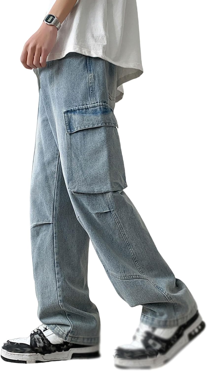 Men's Casual Vintage Loose Straight Hip Hop Cargo Denim Streetwear Jeans Pants